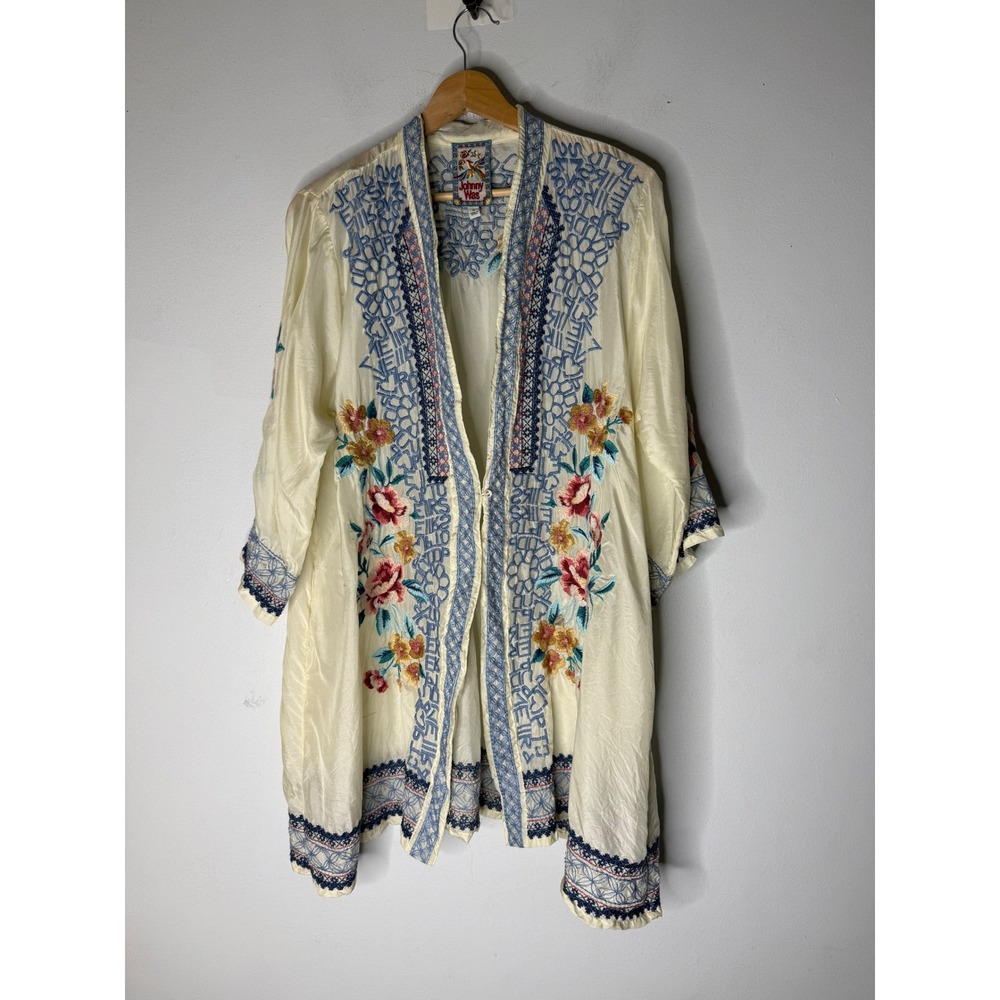 Johnny Was Silk Embroidered Kimono Jacket Ivory Blue Floral Boho C40822-5 Medium